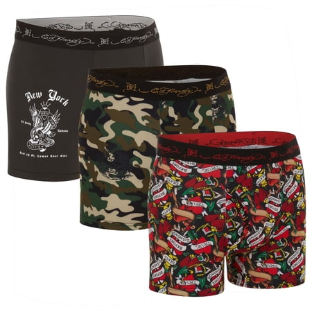 Ed Hardy Mens 3-Pack Microfiber Boxer Briefs, Breathable Athletic Print Boxers, Multicolor Male Underwear, Medium