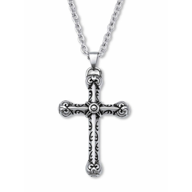 Ed Hardy Mens Black Ion-Plated Antiqued Cross Pendant Necklace 26