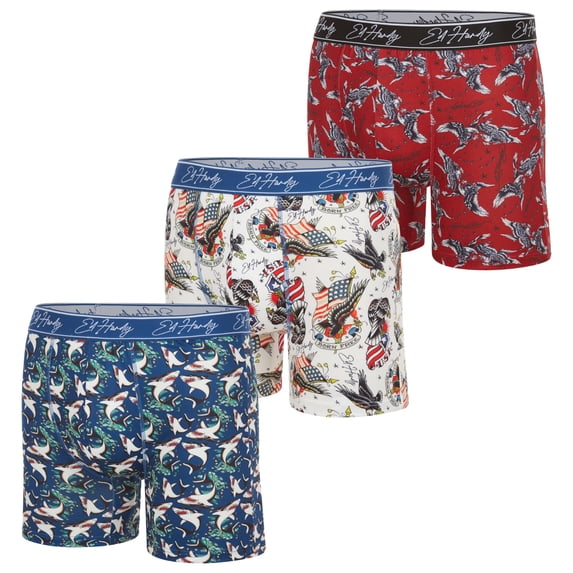 Ed Hardy Mens Underwear Boxer Briefs Comfortable, Breathable, Stylish Design 3 Pack, Shark, Flag, Eagle, XX-Large