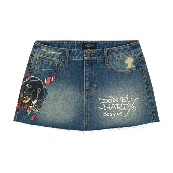 Ed Hardy Panther Dagger Denim Mini Skirt - WEHD6000-9 (Medium Wash, M)
