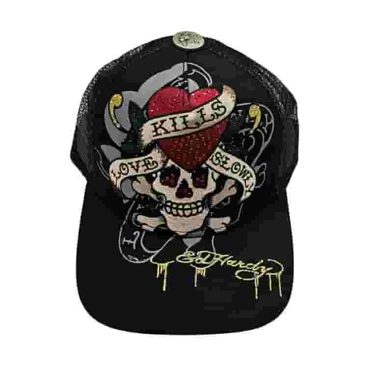 Ed Hardy Rhinestone Heart Skull Hat Black - EHH0001-26RS Ed Hardy Rhinestone Heart Skull Hat Black - EHH0001-26RS
