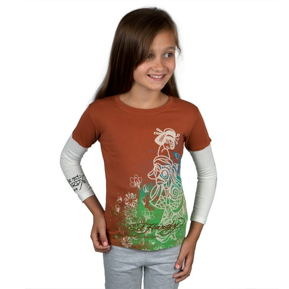 Ed Hardy - Side Geisha Stencil Girls Juvy 2fer Long Sleeve T-Shirt - Juvy 4/5