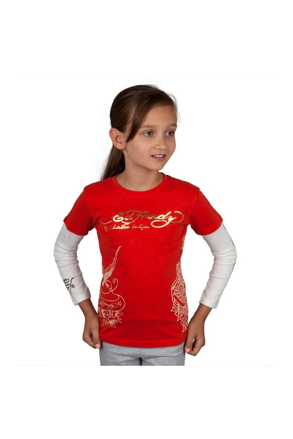 - Side Koi Fish Stencil Girls Juvy 2fer Long Sleeve T-Shirt - Juvy 5/6