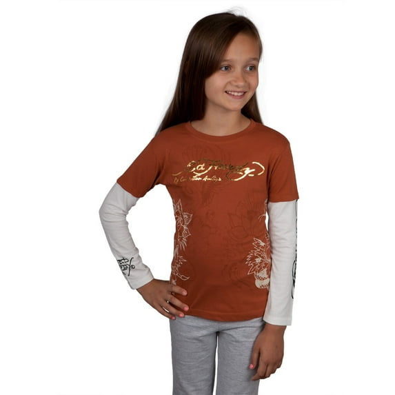 Ed Hardy - Side Skull Stencil Girls Juvy 2fer Long Sleeve T-Shirt - Juvy 6/6X