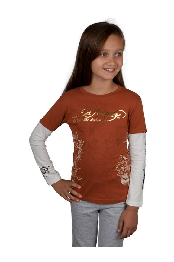 - Side Skull Stencil Girls Juvy 2fer Long Sleeve T-Shirt - Juvy 6/6X
