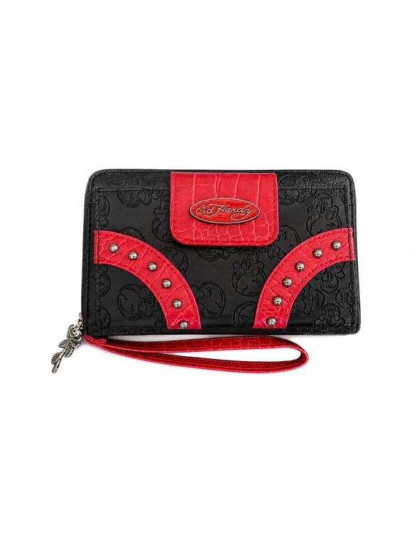 Skull Embossed Zip Around Wristlet Wallet for Women, Faux Crocodile Trim, Multi-Compartment Organizer, 8 x 4.5 in (Black/Red)