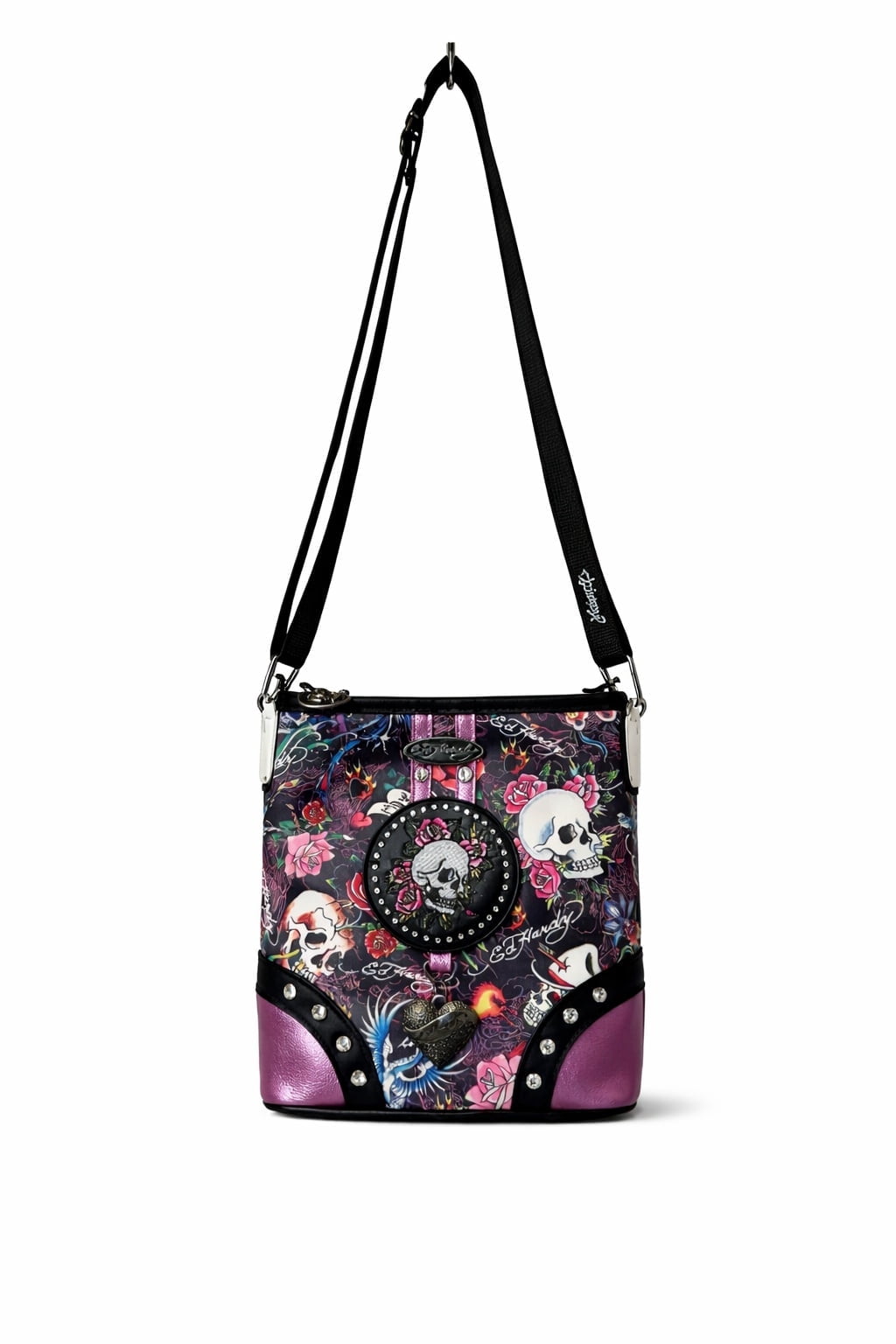 Ed Hardy Skull & Roses Crossbody Bag, Slim Vertical Tattoo Print