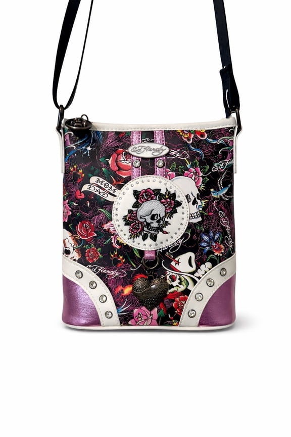 Skull & Roses Crossbody Bag, Slim Vertical Tattoo Print Shoulder Purse (White Multi)