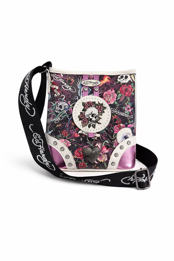 Skull & Roses Crossbody Bag, Slim Vertical Tattoo Print Shoulder Purse (White Multi)