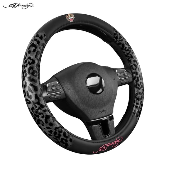 Ed Hardy Steering Wheel Cover, Leopard Black Leather Steering Wheel Cover, Non-Slip Grip Car Steering Wheel Protector, Universal Fit for Cars SUV Truck, Fits 14.5"–15" Steering Wheels,Black