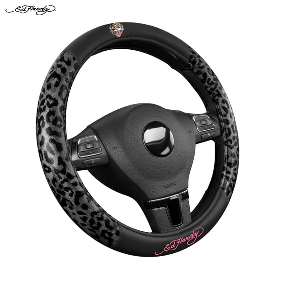 Ed Hardy Steering Wheel Cover, Black Leopard Print Leather Steering Wheel Cover, Non-Slip Grip Car Steering Wheel Protector, Universal Fit for Cars SUV Truck, Fits 14.5"–15" Steering Wheels