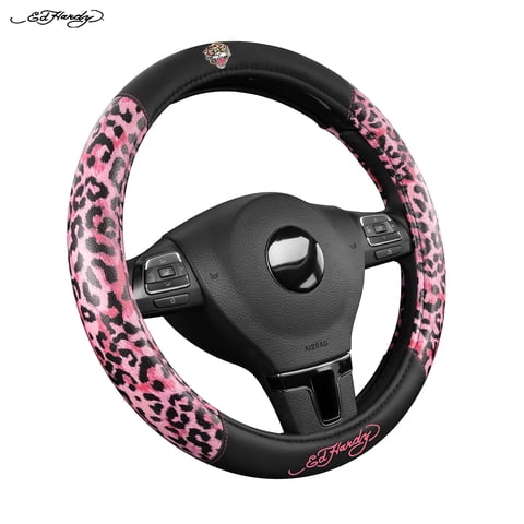 Ed Hardy Steering Wheel Cover,Pink Leopard Print Leather Steering Wheel Cover, Non-Slip Grip Car Steering Wheel Protector, Universal Fit for Cars SUV Truck, Fits 14.5"–15" Steering Wheels
