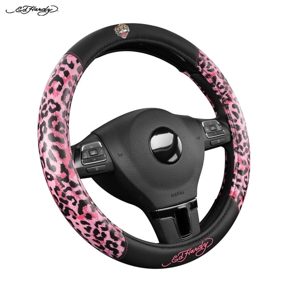 Ed Hardy Steering Wheel Cover,Pink Leopard Print Leather Steering Wheel Cover, Non-Slip Grip Car Steering Wheel Protector, Universal Fit for Cars SUV Truck, Fits 14.5"–15" Steering Wheels