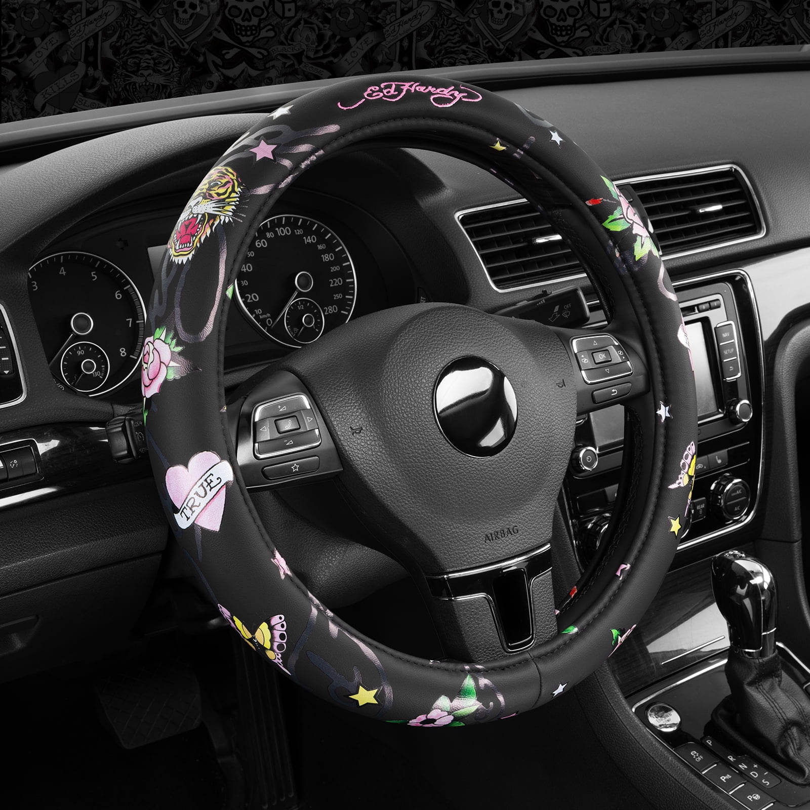Ed Hardy Steering Wheel Cover, Tiger Print Steering Wheel Cover,Leather Steering Wheel Cover Non-Slip, Universal Fit for Cars SUV Truck, Fits 14.5"–15"