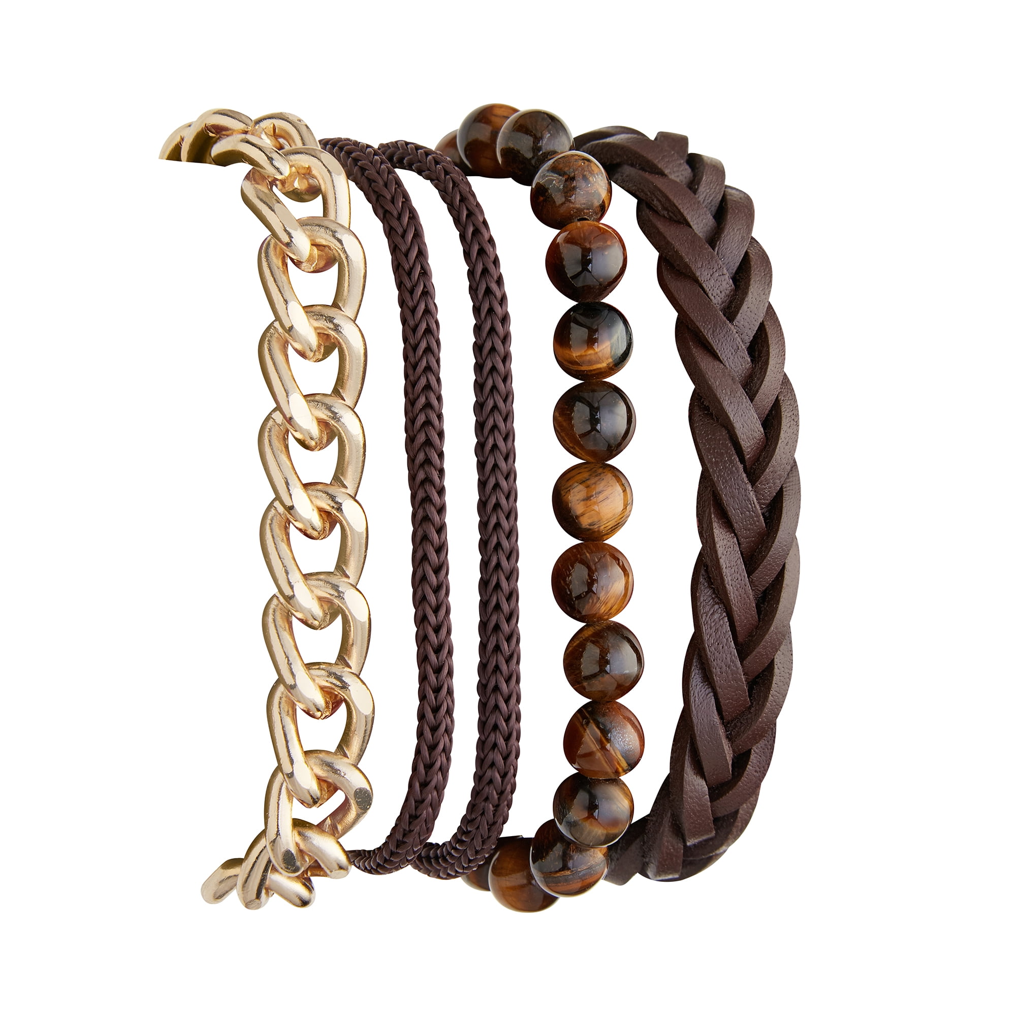 Ed Hardy Tiger's Eye Beaded Vegan Leather Bracelet Set, 8.5 inches