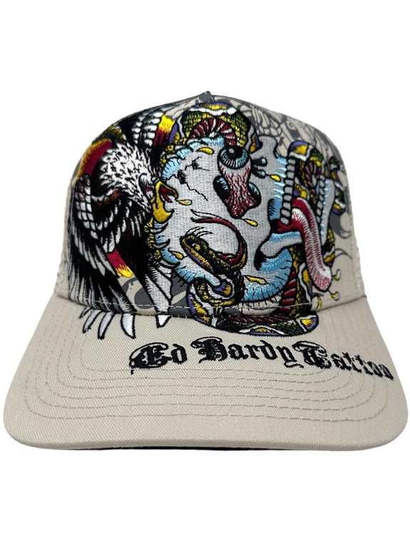 Trucker Hat Embroidered Tattoo Battle Skull Cream Snapback Mesh Cap