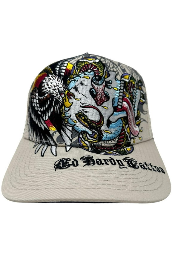 Trucker Hat Embroidered Tattoo Battle Skull Cream Snapback Mesh Cap