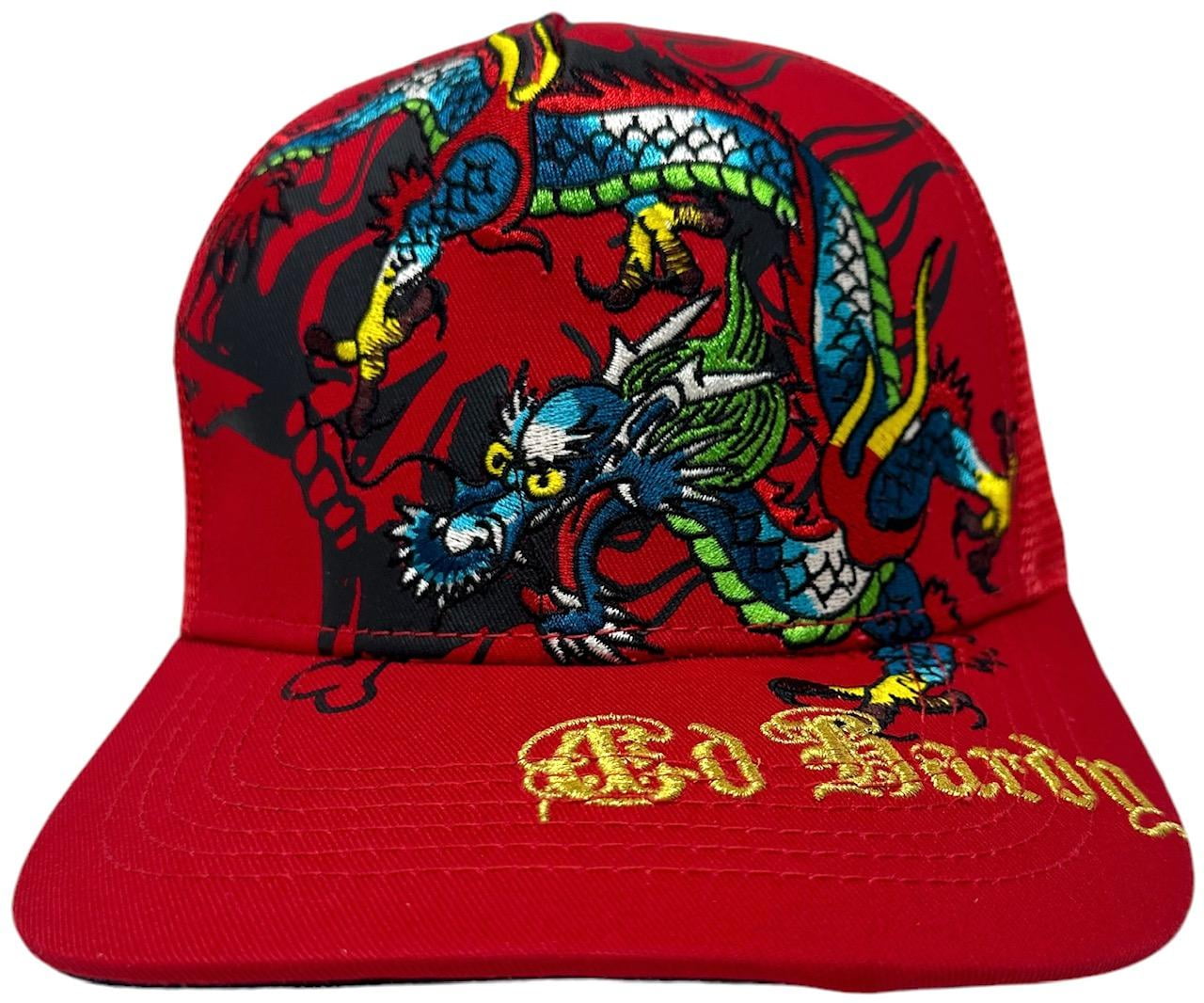 【Ed Hardy】Dragon Trucker Snapback メッシュ キャップ 関送込 Ed Hardy Trucker Hat Embroidered Tattoo Dragon Red Mesh