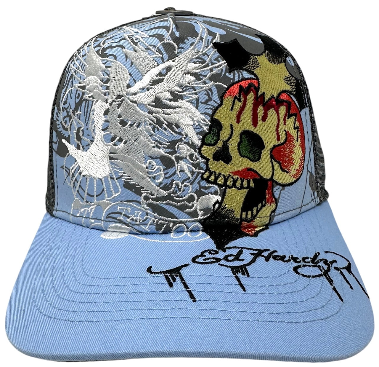 Ed Hardy Trucker Hat Embroidered Tattoo Eagle Skull Blue Sky Mesh Snapback Cap