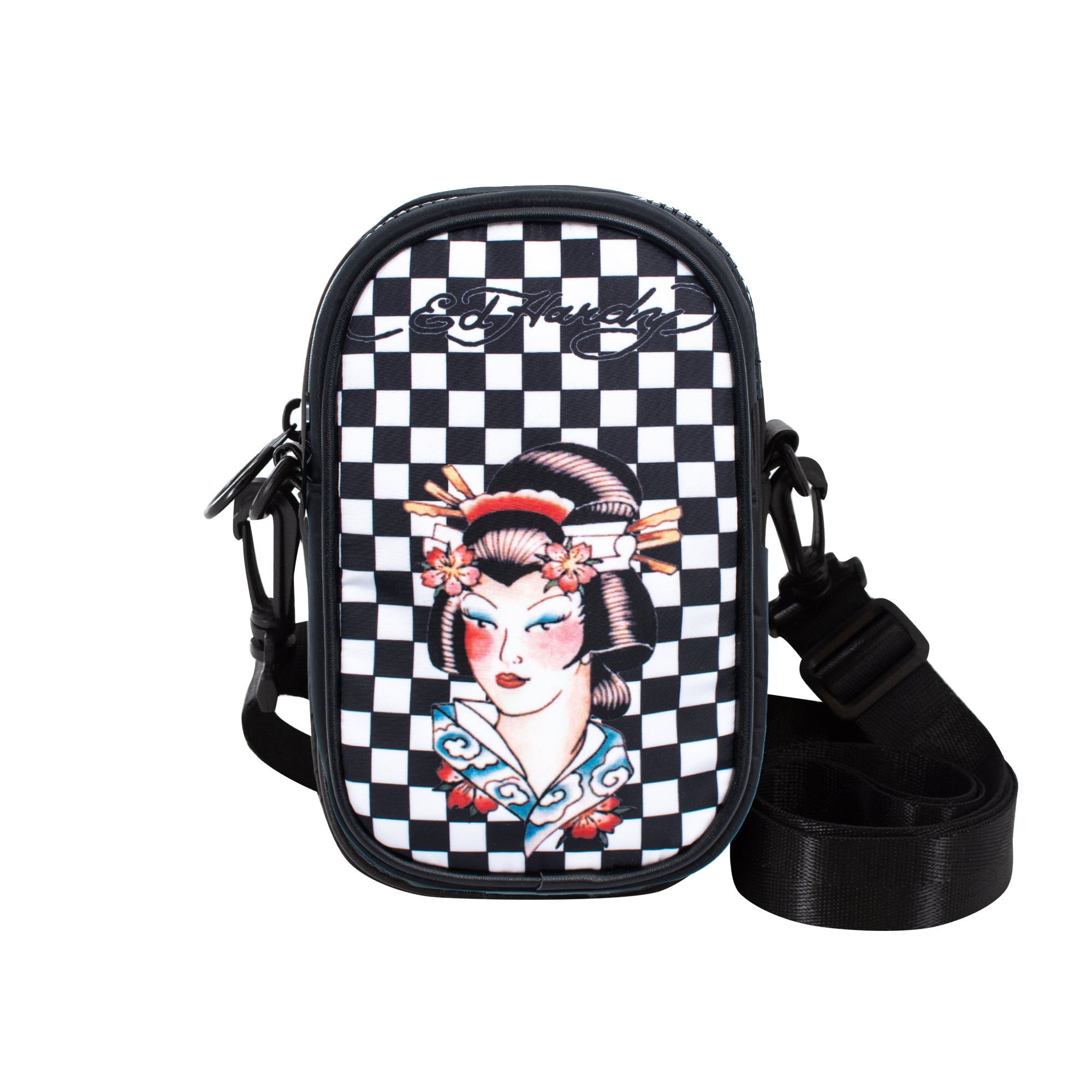 Ed Hardy Unisex Nylon Black Geisha Print Phone Crossbody Everyday Bag withAdjustable Strap
