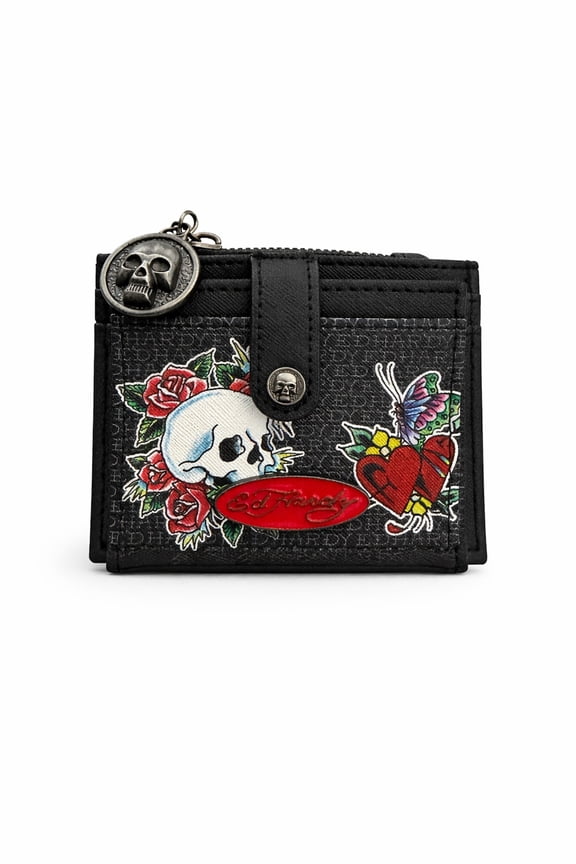 Womens Compact Skull Tattoo Print Wallet with Zipper Coin Pocket & ID Window (Rebel Rose Skull)