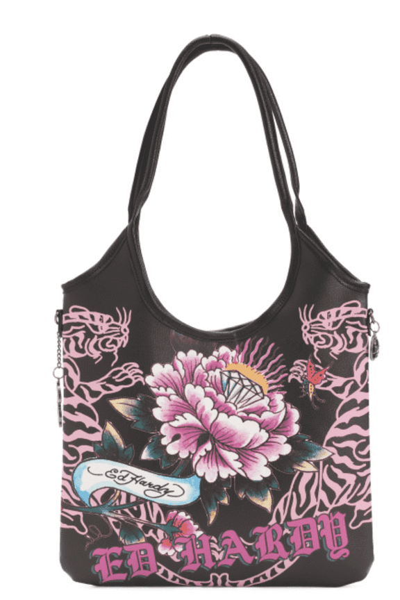Womens Floral Tattoo Graphic Shoulder Bag, Black & Pink