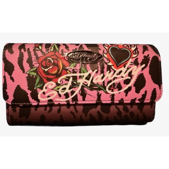 Ed Hardy Women's Leopard Print Bi-Fold Wallet, Pink
