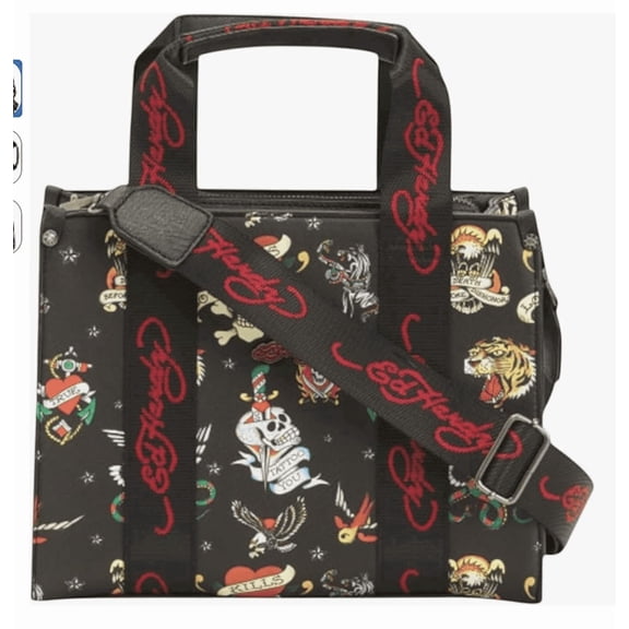 Ed Hardy Womens Mini Satchel Handbag with Adjustable Logo Strap Black Tattoo Print