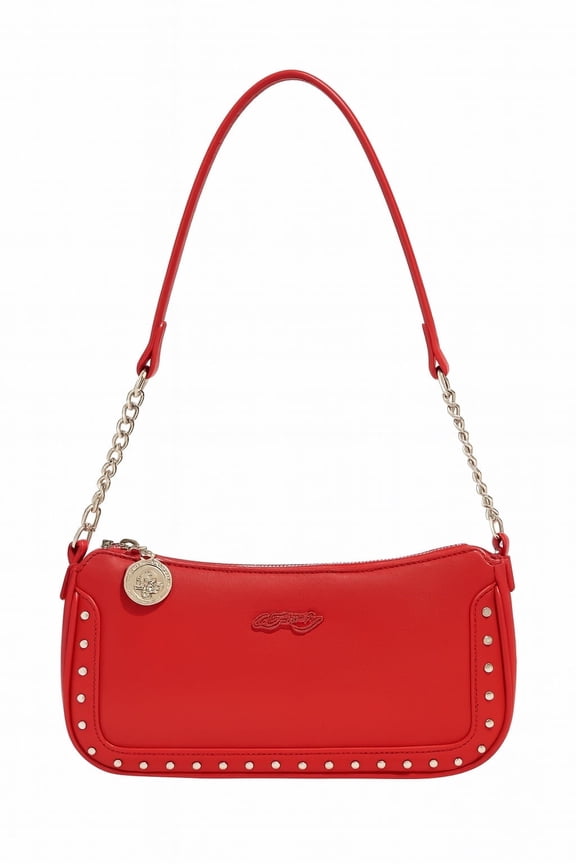Womens Red Studded Mini Shoulder Bag with Chain Strap & Logo Charm