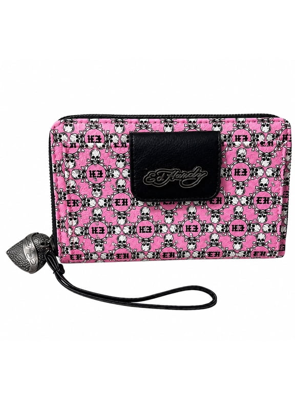 Womens Skull Print Double Zip Wristlet Wallet, Pink Multi