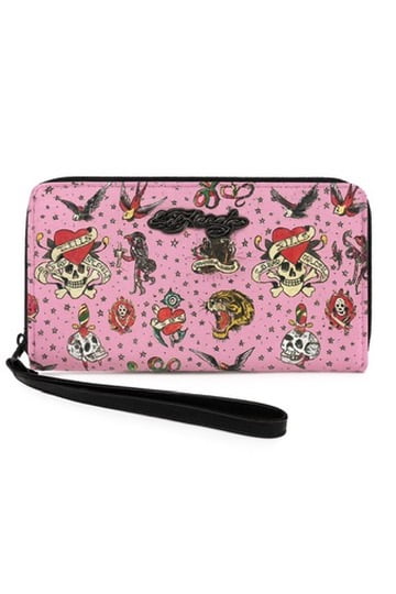 JUICY COUTURE Ed Hardy Womens Zip-Around Wallet & Key Ring Gift Set, Pink Tattoo Print Faux Leather