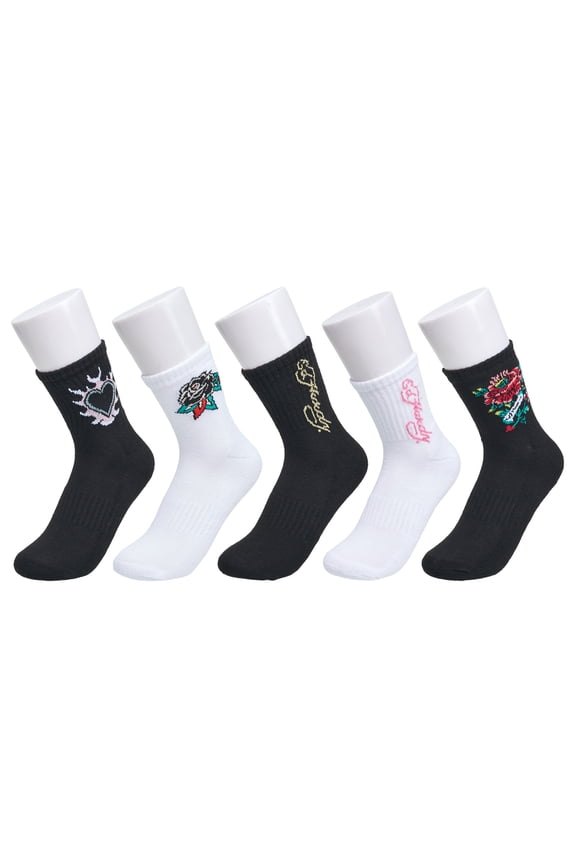 Womens Flower Print Half Cushion Mid Crew Sock 5-Pack