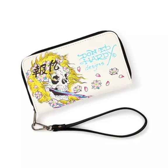 Ed Hardy Zip Around Wallet Multi Pockets White Skull Print