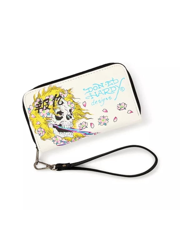 Zip Around Wallet Multi Pockets White Skull Print