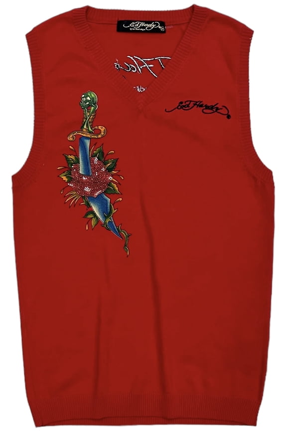 by Christian Audigier Embroidered Eagle Snake Skull V-Neck Sweater Vest (X-Large, Red)