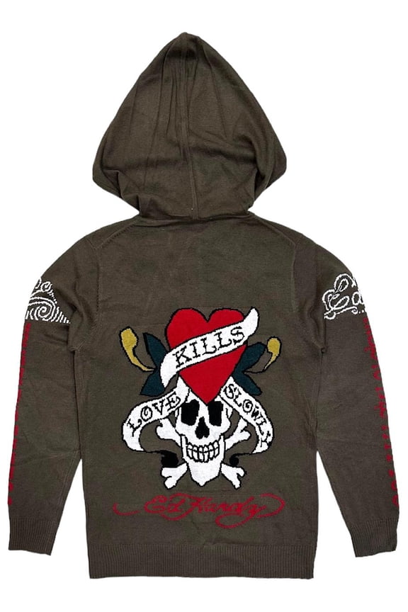 by Christian Audigier Love Kills Slowly Full Zip Hoodie Sweater (X-Large, Army)