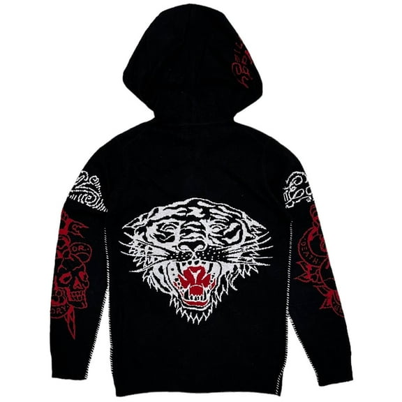 Ed Hardy by Christian Audigier Tiger Wool Blend Full Zip Hoodie Sweater (X-Large, Black)