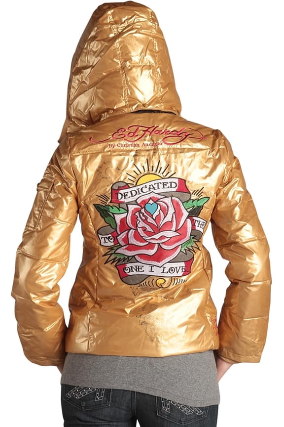 by Christian Audigier Women's Embroidered Removable Hood Puffer Jacket (Medium, Gold)
