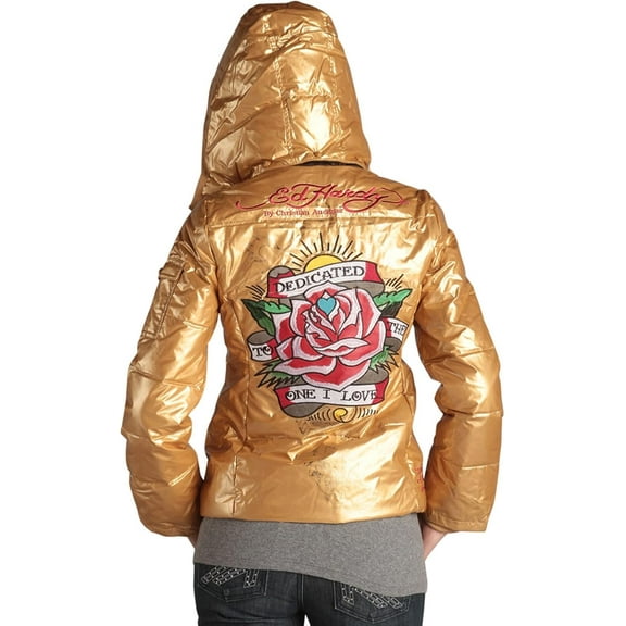 Ed Hardy by Christian Audigier Women's Embroidered Removable Hood Puffer Jacket (X-Small, Gold)