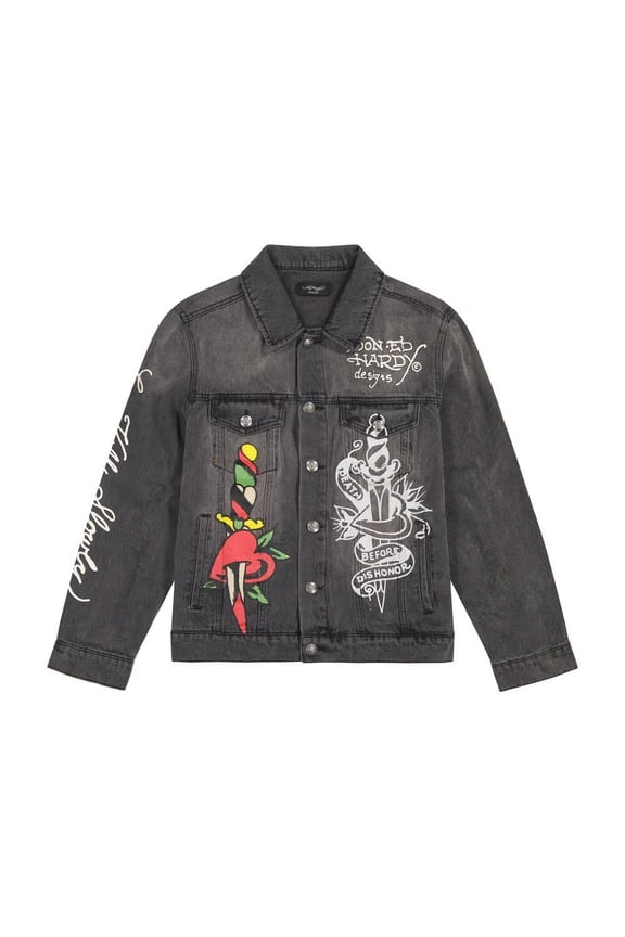 Unisex Heart Wings Denim Jacket - EHUO7104-4 (Dark Grey, L)