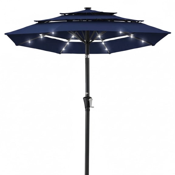 EdX 9.2 FT 3-Layer Solar Patio Umbrella, 32 LED Lights Market Umbrella with Adjustable Tilt, 8-Rib Outdoor Sunshade for Backyard, Deck and Poolside (Red/Navy Blue/Khaki)