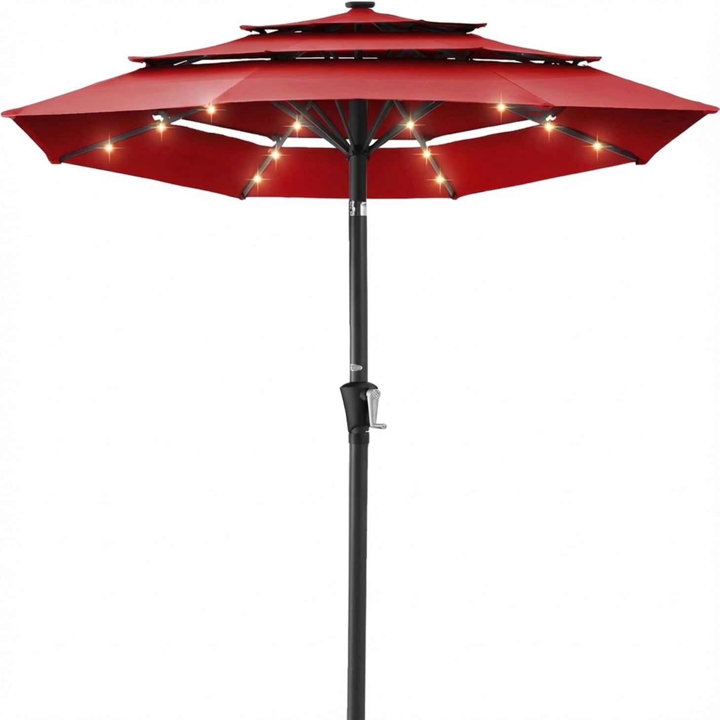 EdX 9.2 FT 3-Layer Solar Patio Umbrella, 32 LED Lights Market Umbrella with Adjustable Tilt, 8-Rib Outdoor Sunshade for Backyard, Deck and Poolside (Red/Navy Blue/Khaki)