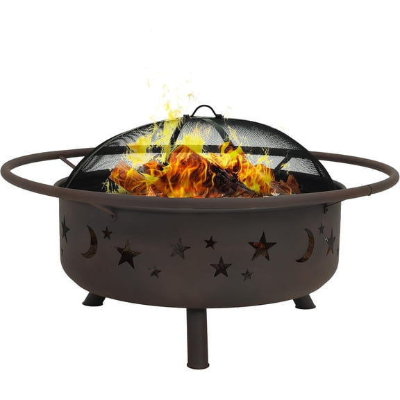Edcc Cosmic 42-Inch Large Outdoor Fire Pit - Wood-Burning Firepit for Outside Patio, Backyard, Deck - Steel - Wood Grate, Spark Screen, and Fireplace Poker Included - Bronze - 31 Bowl Diameter