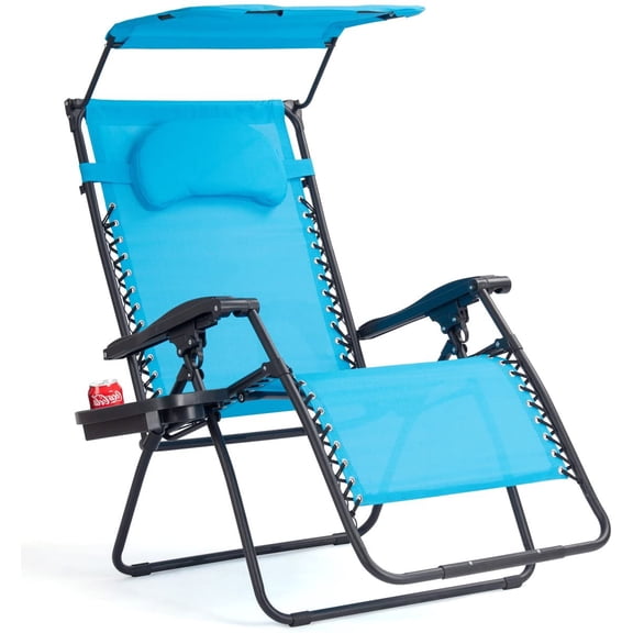 Edcc Zero Gravity Chairs, X-Large Folding Lounge Lawn Chair w/Canopy Shade & Cup Holder, Adjustable Folding Patio Recliner for Pool Porch Deck Oversize (Blue)