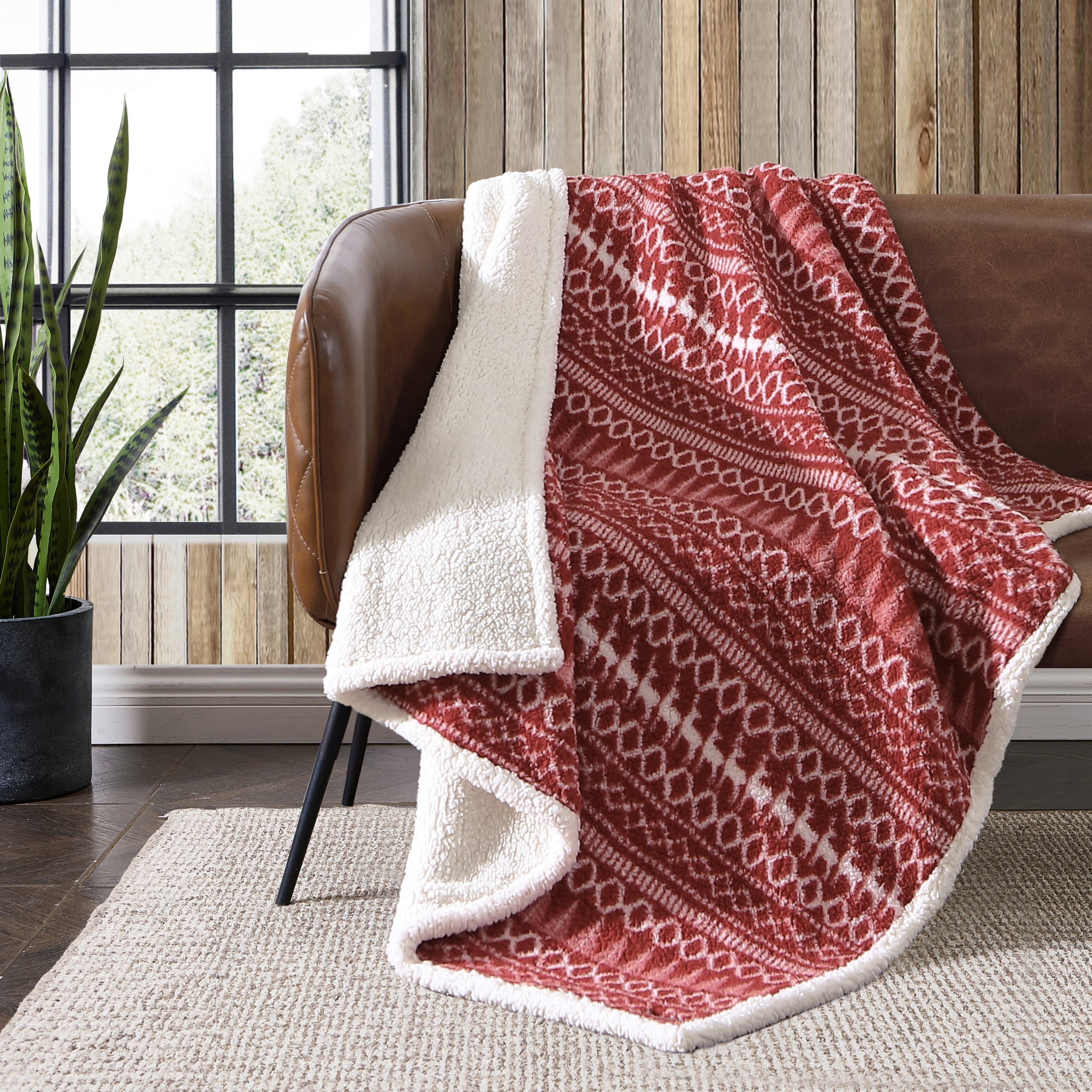 Red and White Reversible Sherpa Throw Blanket
