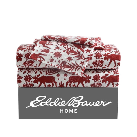 Eddie Bauer Arcadia Red Cotton Flannel 4 Piece Sheet Set, Queen