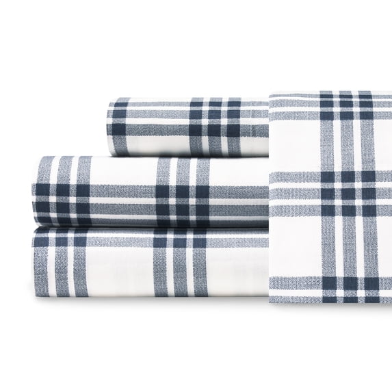 Eddie Bauer Basic Plaid Navy Cotton Percale Twin XL Sheet Set