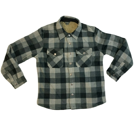 Eddie Bauer Boys' Extra Soft Sherpa Lined Snap Front Plaid Shirt Jacket (Black/Grey, 10/12)