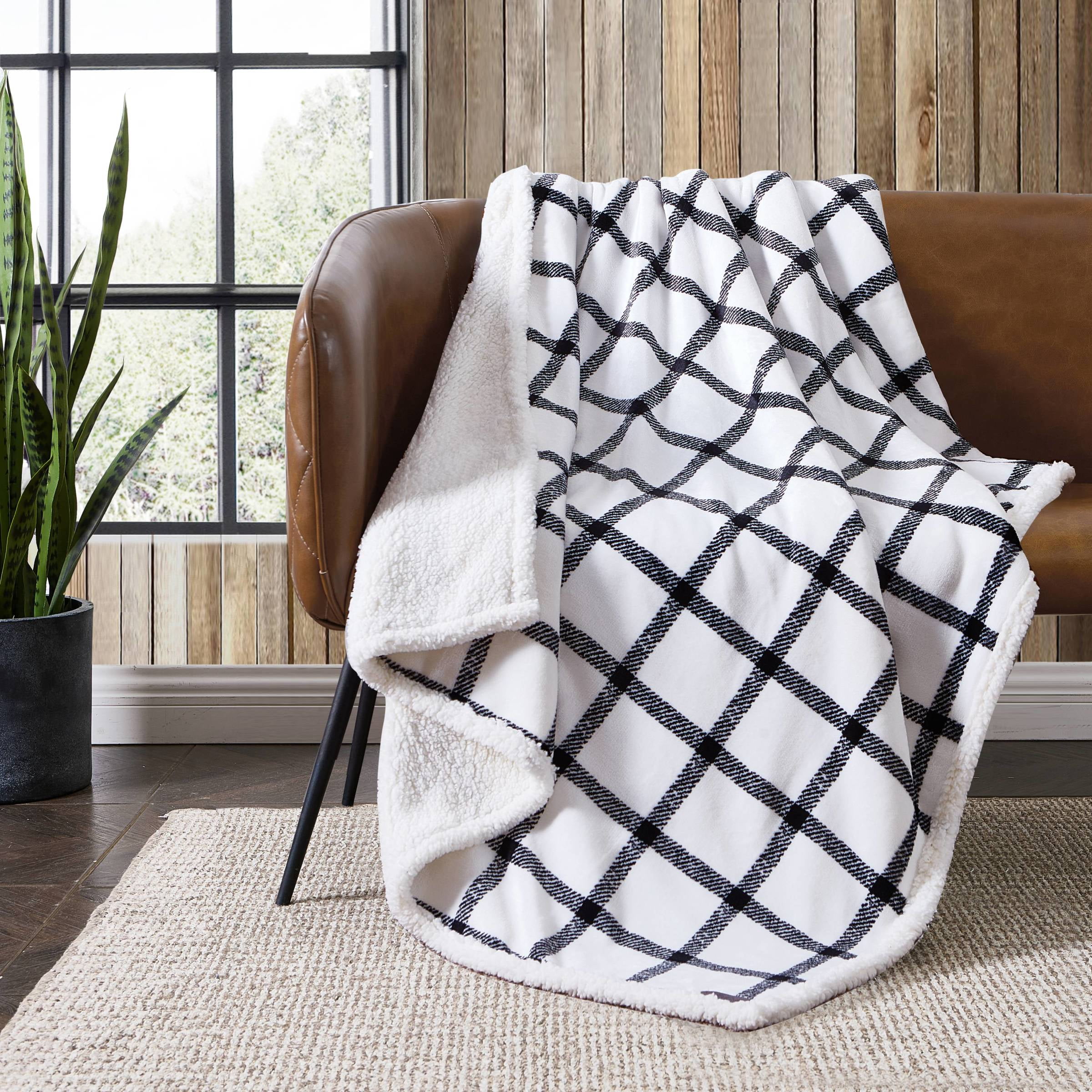 Beige Plaid Reversible Fleece & Sherpa Throw Blanket