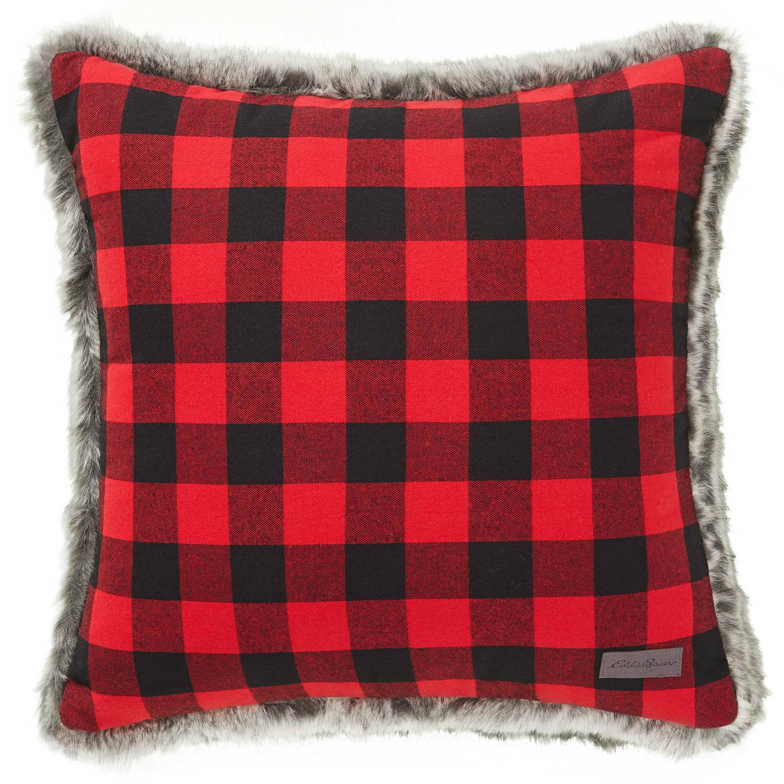 Eddie Bauer Cabin Plaid Fur Red Square Throw Pillow